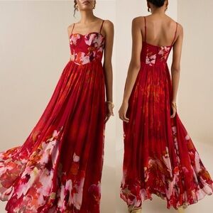 Hemant and Nandita Dark Red Floral Viscose Chiffon Tuhi Maxi Dress